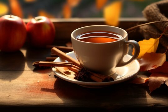 Cup of tea with cinnamon and apple