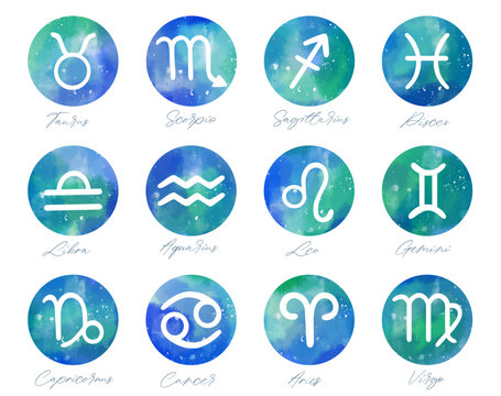 Set of hand drawn watercolor brush zodiac signs. Collection of watercolor astrology signs.