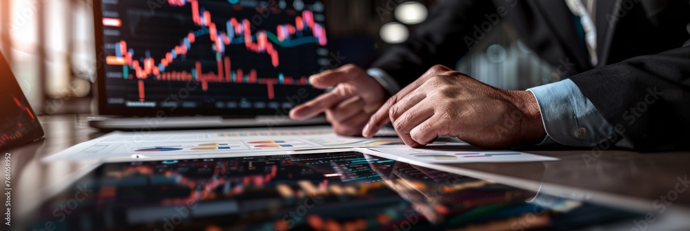 Poster market analysis and trading concept on computer screens
