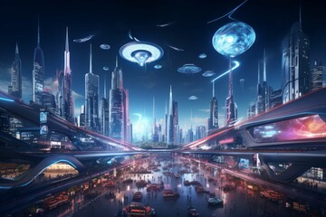 Abstract futuristic city with flying cars