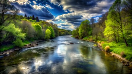 Spring River Landscape Photo, Nature Scene with Trees and Water