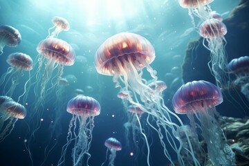 Abstract floating jellyfish in underwater world - obrazy, fototapety, plakaty