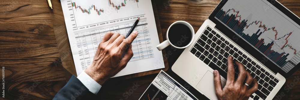 Poster Man analyzing financial data on laptop with charts