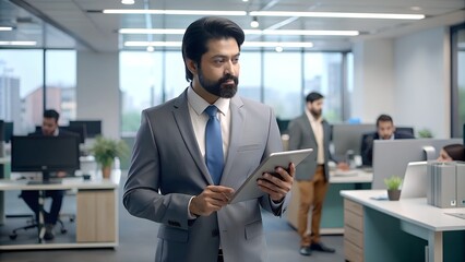 Fototapeta na wymiar Indian Businessman Multitasking in Office