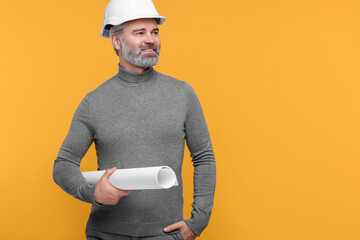 Architect in hard hat holding draft on orange background. Space for text