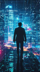 Back view of businessman standing on abstract night city background with double exposure of network hologram. Toned image