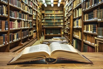 A book on an open table in the center of a library, surrounded by stacks of books, representing knowledge and education Generative AI