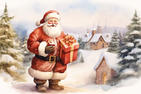 a painting of a santa holding a present