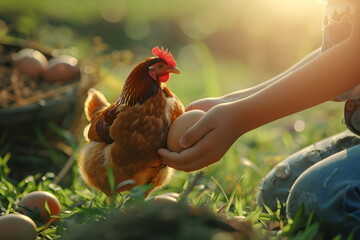 A chicken standing next to a human holding an egg in hand