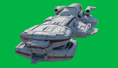 Large Battle Cruiser Spaceship with White and Orange Colour Scheme Isolated on a Green Screen Background - Top View, 3d digitally rendered science fiction illustration