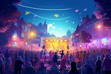 Band performing on a stage at a lively city square music festival. - obrazy, fototapety, plakaty