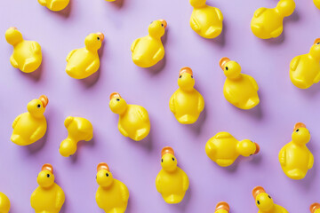 Group of yellow rubber ducks on purple background with one duck in the center