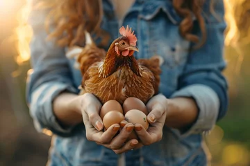 Foto op Canvas young woman hold chicken and eggs © dobok