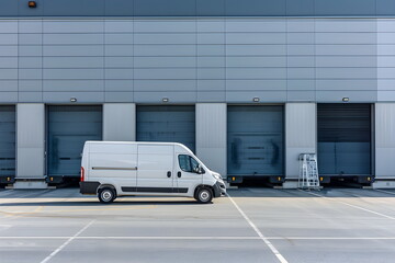 A parked van in front of a warehouse entrance