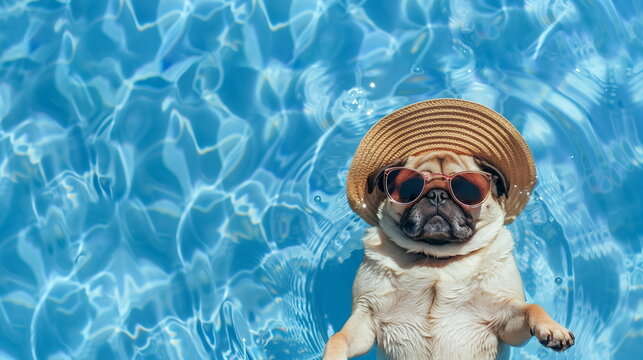 Funny pug dog wearing hat and sunglasses relaxing at hotel swimming pool
