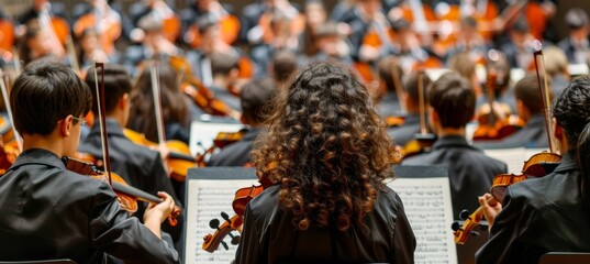 Symphonic orchestra performing a mesmerizing classical music concert on a grand stage
