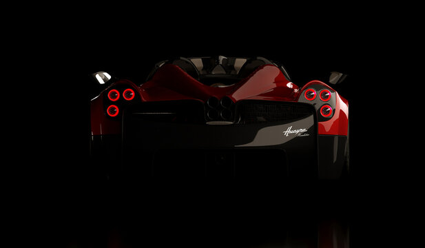 Kazakhstan, Almaty - January 26, 2024: red Pagani Huayra Roadster Cabrio modern Italian supercar, isolated on the background. 3d render.