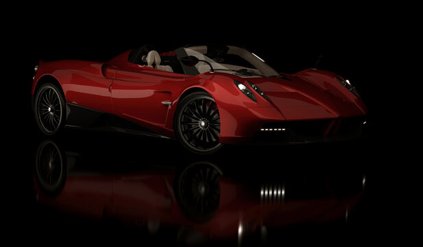 Kazakhstan, Almaty - January 26, 2024: red Pagani Huayra Roadster Cabrio modern Italian supercar, isolated on the background. 3d render.