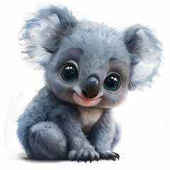 Obraz premium A cute little grey koala with big blue eyes is sitting on a white background