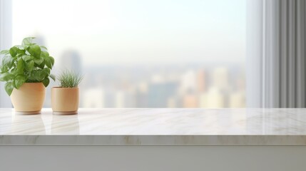 Modern empty marble table top on blurry kitchen room interior background