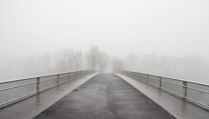 Bridge to fogland. Bridge over a river disappearing in a dense fog - low visibility on November morning. Symmetric vanishing point view of the empty bridge. - Powered by Adobe