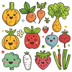 Fototapeta premium A collection of cartoon vegetables and fruits, including apples, carrots