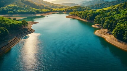 Aerial View of Lush Green Lake and River Surrounded by Mountainous Landscape - obrazy, fototapety, plakaty