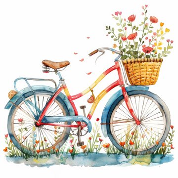 A colorful bicycle with a basket full of flowers