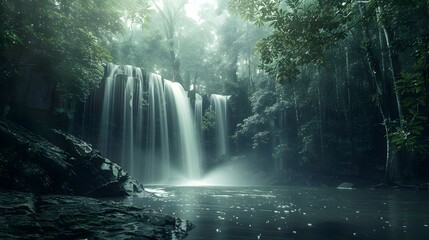Enchanting Cascading Waterfall in Verdant Forest Landscape Creating Serene and Tranquil Atmosphere