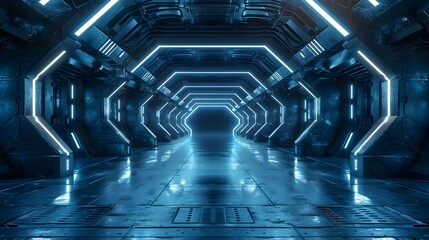 Futuristic Sci-Fi Illuminated Corridor with Geometric Blue Lighting and Architectural Design