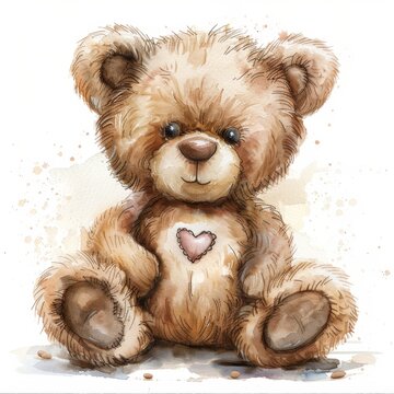 A teddy bear with a heart on its chest sits on a white background
