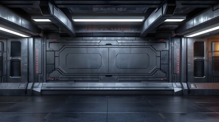 Futuristic Sci-Fi Interior Wall with Sleek Steel Panels and Minimalistic Architectural Design