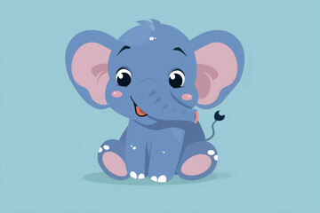 Cute sitting blue baby elephant on a blue background.