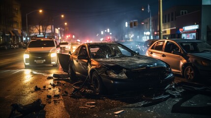 Multiple car crash night city emergency severe damage - obrazy, fototapety, plakaty
