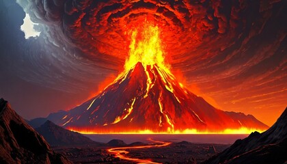山頂から噴火する火山とマグマ_01 - obrazy, fototapety, plakaty