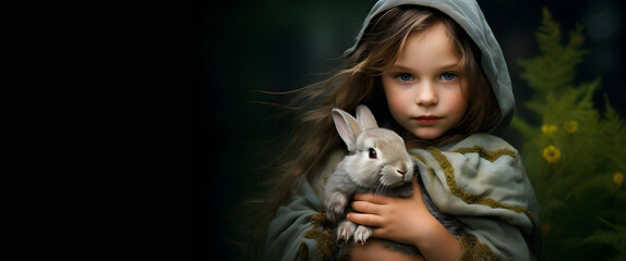 Young girl holds in his hands and hugs bunny on dark textured studio background with lot of copy space, web header