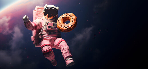 Astronaut in pink suit flies in space and holds huge donut with sprinkles in his hand, banner with lot of copy negative space for displaying advertisement text