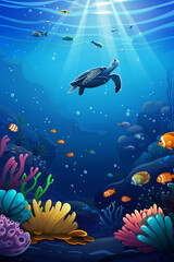 Fototapeta na wymiar Turtle swimming underwater. World ocean day concept. Undersea landscape, vibrant coral, fish. Book cover.
