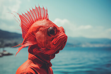 Man in a red shirt with a fish head, blending the surreal and the marine. against a sea and sky backdrop. - obrazy, fototapety, plakaty