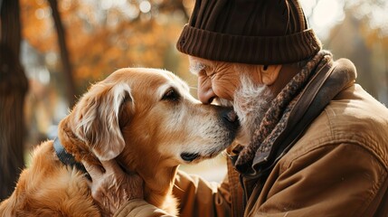 A heartwarming scene of a senior man and his golden retriever sharing an affectionate nose-to-nose touch in a fall setting. Elderly Man Sharing a Warm Moment with Dog in Autumn