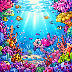 Turtle swimming underwater. World ocean day concept. Bright colorful undersea landscape, vibrant coral, fish.