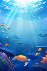 Turtle swimming underwater. World ocean day concept. Undersea landscape, vibrant coral, fish. Ocean beauty. Book cover.