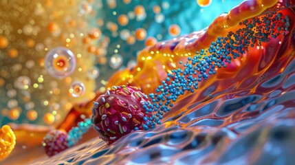 A detailed illustration of a nanoscale drug delivery system navigating through the human body to release medication precisely where needed - obrazy, fototapety, plakaty