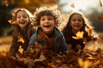 Children playing in a leaf pile - obrazy, fototapety, plakaty