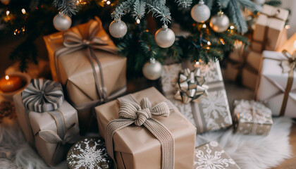 Fototapeta na wymiar beautiful cream-colored gifts under the Christmas tree