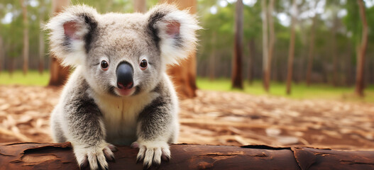 Portrait of young koala bear in his natural setting in the forest. Animal rests its paws on log of wood on ground. Banner or header with copy space, zoo ad