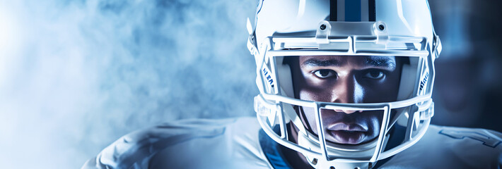 American football player ready for attack, game portrait against blue backdrop, header with copy space