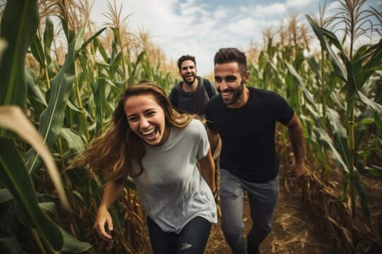 Friends exploring a corn maze