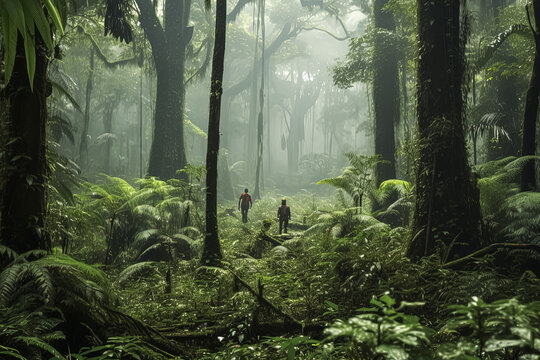 Two people are walking through a lush green jungle