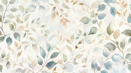 Artistic watercolor leaves pattern in soothing colors on a cream background. Seamless botanical wallpaper with green and beige foliage design. - obrazy, fototapety, plakaty